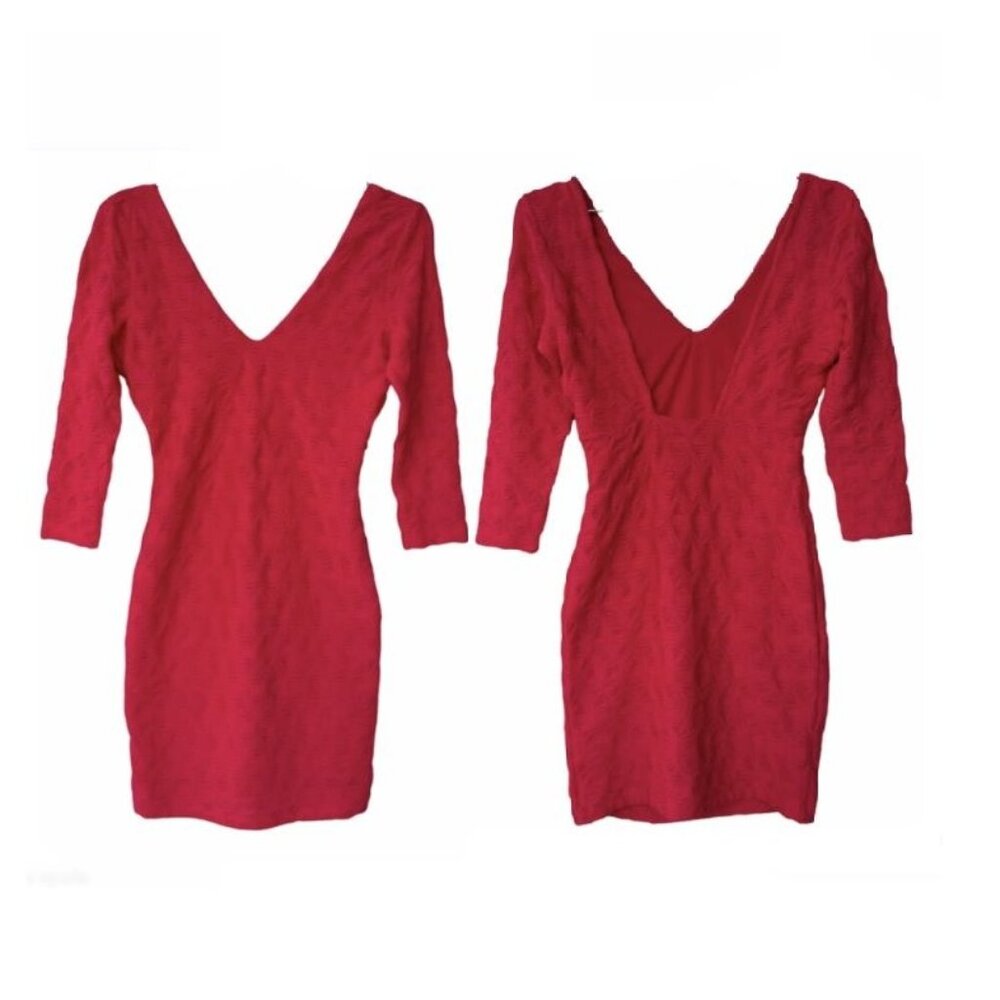 ⭐New H&M Fuchsia Pink V-Neck Pencil Mini Dress 3/4 Sleeve Ruched Bodycon Sz XS⭐